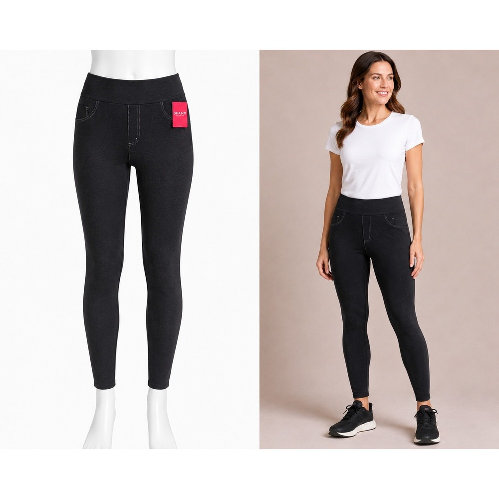 Spanx Jean-ish Leggings Women L Black Slimming Pull-On Tummy Control A293566 NWT